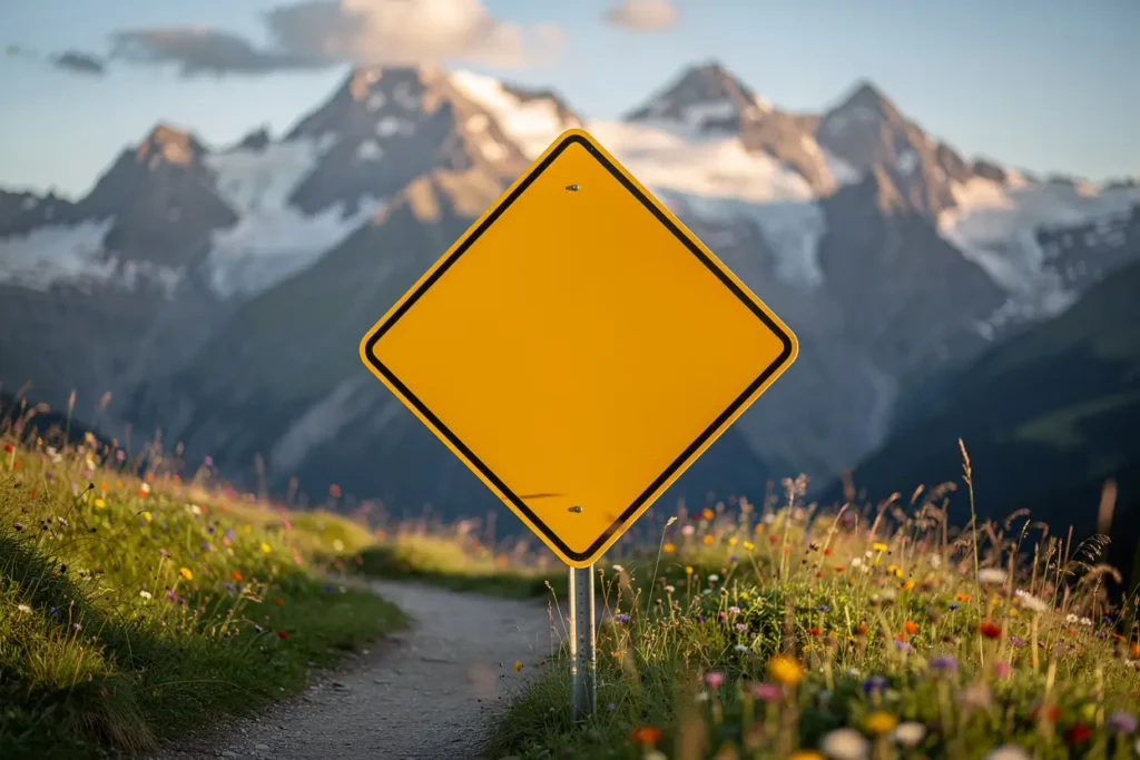 Swiss mountain path with warning sign - common investing mistakes for expats